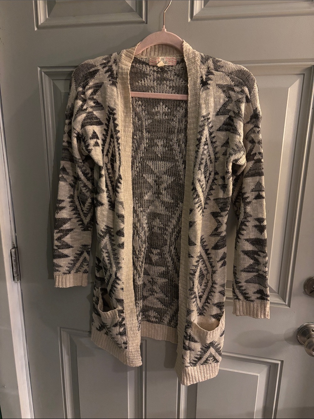 Pink Republic Aztec Open-Front Cardigan - Cream & Gray